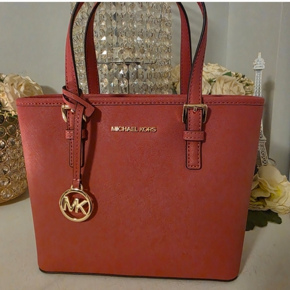 Michael Kors Coral Saffiano Leather Tote with Gold MK Charm